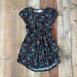 LuLaRoe Girls Floral Dress Size 6 Black Multicolor Short Sleeve Knee Length